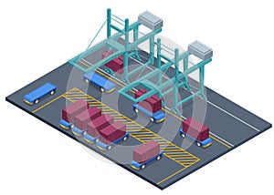 Isometric Automated Transport Vehicles Container Loading Cargo. Container Ship Loading and Unloading in Sea Port