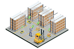 Isometric automated warehouse robots. Modern logistics center. Automated warehouse. Autonomous robot transportation in