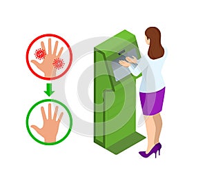 Isometric automatic alcohol hand sanitizer dispenser protection coronavirus Covid-19. Rubbing alcohol, wall mounted soap