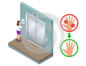 Isometric automatic alcohol hand sanitizer dispenser protection coronavirus Covid-19. Rubbing alcohol, wall mounted soap