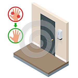 Isometric automatic alcohol hand sanitizer dispenser protection coronavirus Covid-19. Rubbing alcohol, wall mounted soap