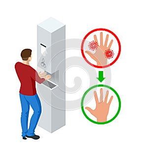 Isometric automatic alcohol hand sanitizer dispenser protection coronavirus Covid-19. Rubbing alcohol, wall mounted soap