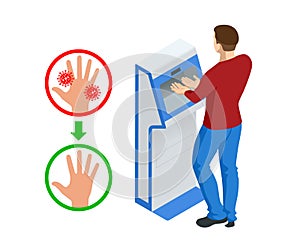 Isometric automatic alcohol hand sanitizer dispenser protection coronavirus Covid-19. Rubbing alcohol, wall mounted soap