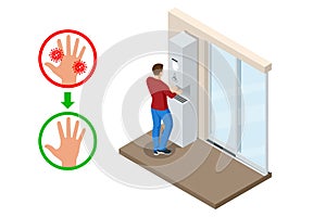 Isometric automatic alcohol hand sanitizer dispenser protection coronavirus Covid-19. Rubbing alcohol, wall mounted soap