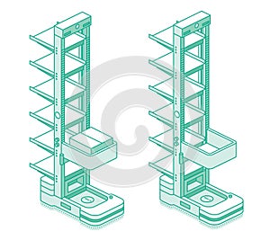 Isometric autonomous vertical warehouse robot ACR or CTU for storage and retrieval system. Smart warehouse automation and AI