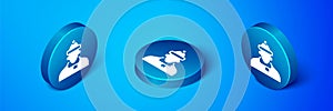 Isometric Autumn clothes icon isolated on blue background. Blue circle button. Vector