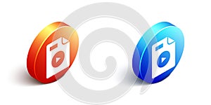 Isometric AVI file document. Download avi button icon isolated on white background. AVI file symbol. Orange and blue