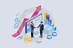 Isometric B2B sales method. Partners shaking hands. Successful entrepreneurs. Data and key performance indicators for