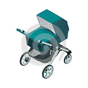 Isometric baby carriage isolated on a white background. Kids transport. Strollers for baby boys or baby girls.