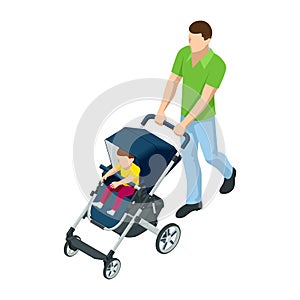 Isometric baby carriage isolated on a white background. Kids transport. Strollers for baby boys or baby girls. Man with