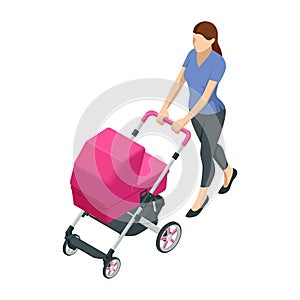 Isometric baby carriage isolated on a white background. Kids transport. Strollers for baby boys or baby girls. Woman