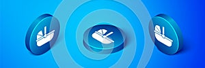 Isometric Baby stroller icon isolated on blue background. Baby carriage, buggy, pram, stroller, wheel. Blue circle