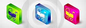 Isometric Baby stroller icon isolated on grey background. Baby carriage, buggy, pram, stroller, wheel. Square button