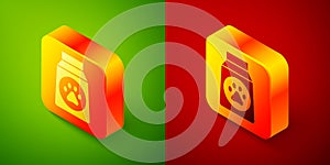 Isometric Bag of food for dog icon isolated on green and red background. Dog or cat paw print. Food for animals. Pet