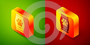 Isometric Bag of food for dog icon isolated on green and red background. Dog or cat paw print. Food for animals. Pet