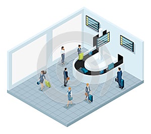 Isometric baggage claim hall after flight, international airport, business ladies