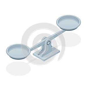 Isometric balance scales isolated on white background. Symbol of law and justice.