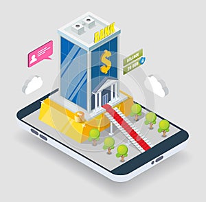 Isometric bank building, gold bar on smartphone screen, vector illustration. Mobile banking. Gold deposit, investments.
