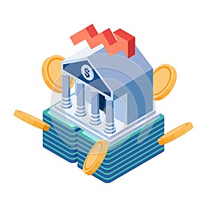 Isometric Bank Building on Pile of Money and Coin