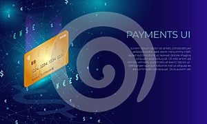 Isometric bank credit or debit card. Paying or currency exchange concept on a dark blue glowing background. Part of UI design for