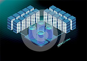 Isometric banner with bitcoin mining farm, cryptocurrency mining concept, financial isometric 3d vector. Ethereum Blockchain isome