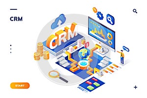 Isometric banner for crm or erp. Customer, client