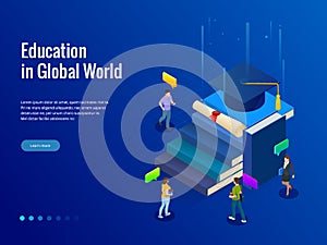 Isometric banner for web Education in Global world, online learning concept. Books step education. Vector illustration.