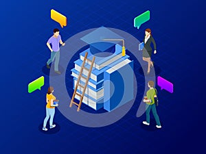 Isometric banner for web Education in Global world, online learning concept. Books step education. Vector illustration.