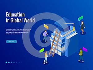 Isometric banner for web Education in Global world, online learning concept. Books step education. Vector illustration.