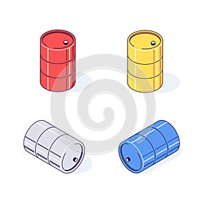 Isometric barrels red yellow gray and blue. Flat cargo goods fuel benzin petrol gas and combustible vector illustration photo