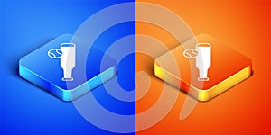 Isometric Baseball bat with ball icon isolated on blue and orange background. Square button. Vector