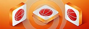 Isometric Basketball ball icon isolated on orange background. Sport symbol. Orange square button. Vector