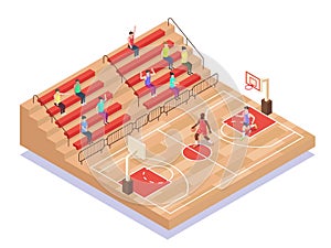 Isometric basketball court, players and fans, flat vector illustration. Basketball sport field, playground
