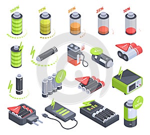 Isometric battery, accumulators and chargers indicators. Energy power detectors, low battery, charging levels icons 3d vector