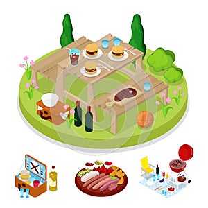 Isometric BBQ Picnic Party. Summer Holiday Camp. Grilled Meat Burgers