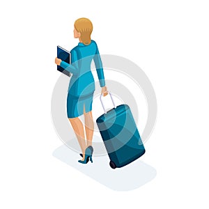 Isometric of a beautiful woman on a business trip, comes with her luggage back view. A beautiful business suit. Traveling business