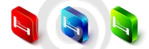 Isometric Bed icon isolated on white background. Red, blue and green square button. Vector