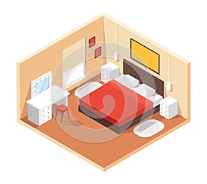 Isometric bedroom. Modern cozy room interior with furniture double bed, night tables, table, mirror, paintings. 3d