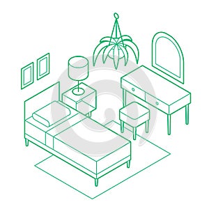 Isometric Bedroom Outline Illustration