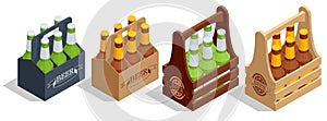 Isometric beer crate with bottles on white. Wooden crate with beer bottles. Pack of beer icon.