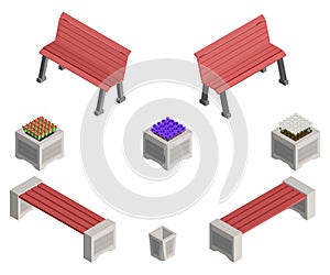 Isometric benches and flower beds with flowers