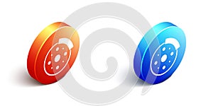 Isometric Bicycle brake disc icon isolated on white background. Orange and blue circle button. Vector