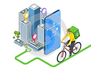 Isometric bicycle courier, Express delivery service. Courier on bicycle with parcel box on the back delivering food In