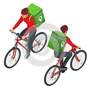 Isometric bicycle courier, Express delivery service. Courier on bicycle with parcel box on the back delivering food In