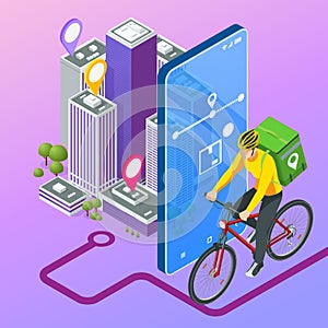 Isometric bicycle courier, Express delivery service. Courier on bicycle with parcel box on the back delivering food In