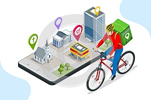 Isometric bicycle courier, Express delivery service. Courier on bicycle with parcel box on the back delivering food In