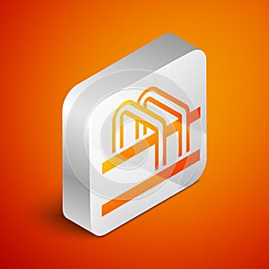 Isometric Bicycle parking icon isolated on orange background. Silver square button. Vector