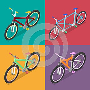 Isometric Bicycle Set with Mountane Bike and Tricycle. City Transport photo