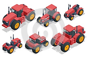 Isometric big agricultural tractor isolated on white, front and rear view. Used for pulling, pushing agricultural