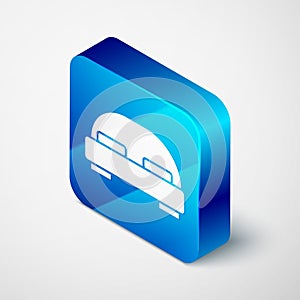 Isometric Big bed for two or one person icon isolated on grey background. Blue square button. Vector